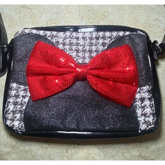 Disney Store Minnie Mouse Crossbody Bag Sequined Red Bow & Houndstooth Design - Picture 1 of 8